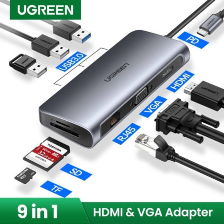 Ugreen 9 in1 USB-C To 3*USB 3.0 A+HDMI+VGA+RJ45 Gigabit+SD/TF+PD Converter