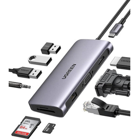 Ugreen 9 in1 USB-C To 3*USB 3.0 A+HDMI+VGA+RJ45 Gigabit+SD/TF+PD Converter