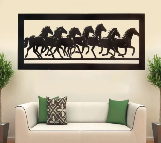 Ressence Enterprises Seven Horse Long Wooden Wall Art for Good Luck and Fortune In Black 4 Feet