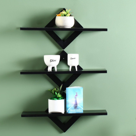 Beautiful Diamond Design Wall Decor Shelf Rack Black Pack Of 3 Pc