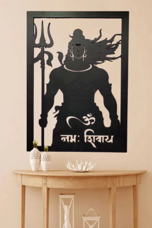 Ressence Shiva With Trishul Wooden Wall Canvas Home Cafe Office Decor In Black 2FT