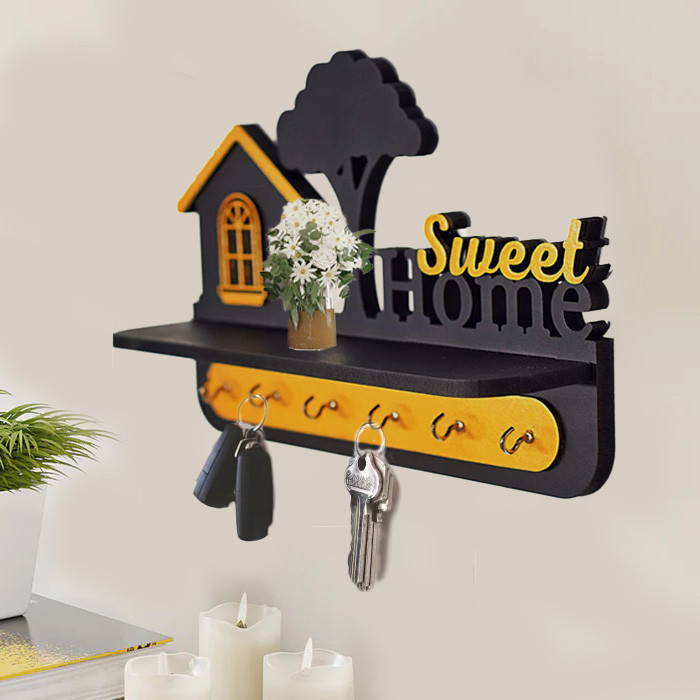 Ressence Enterprises Sweet Home Wooden Wall Self 5 Hook Key Holder in Matte Black