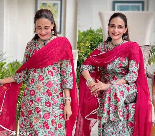Womens Cotton Kurti Pant With Dupatta set