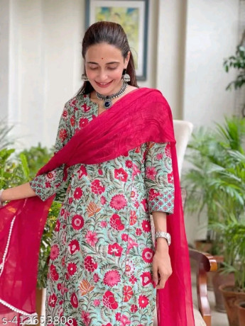 Womens Cotton Kurti Pant With Dupatta set